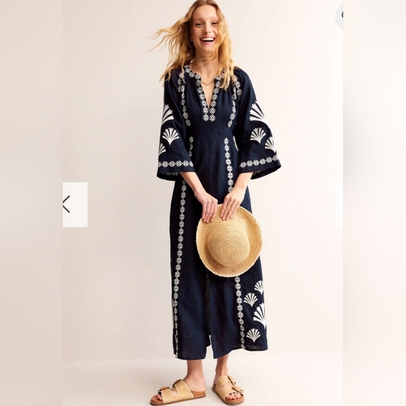 Boden UNA Blue Embroidered Elastic Waist Linen Maxi Bohemian Dress Size Large - Picture 6 of 15